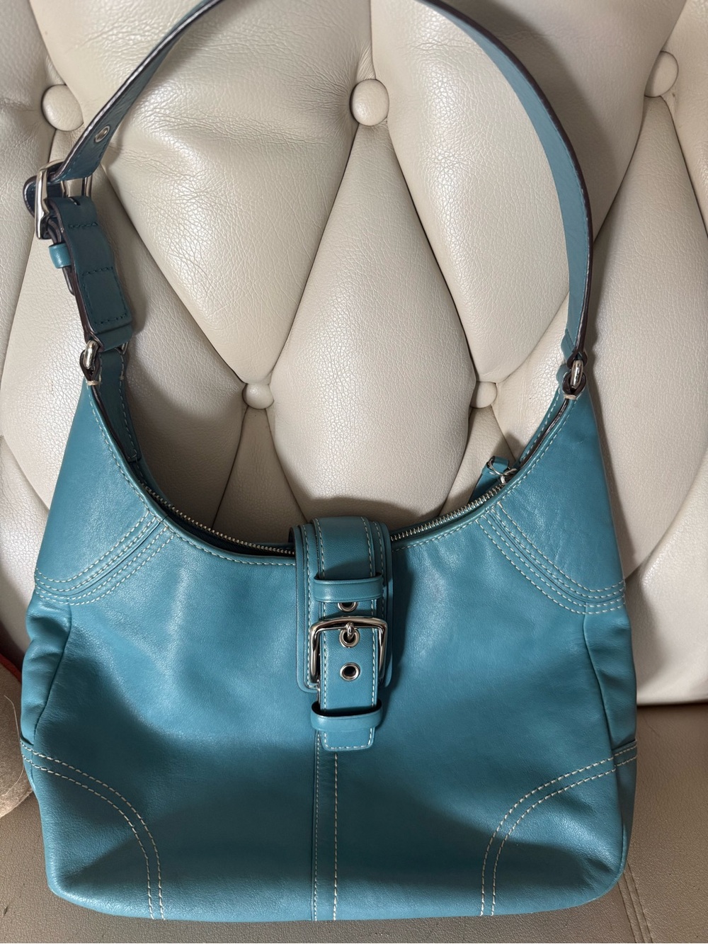 Coach vintage teal leather soho bag with silver buckle